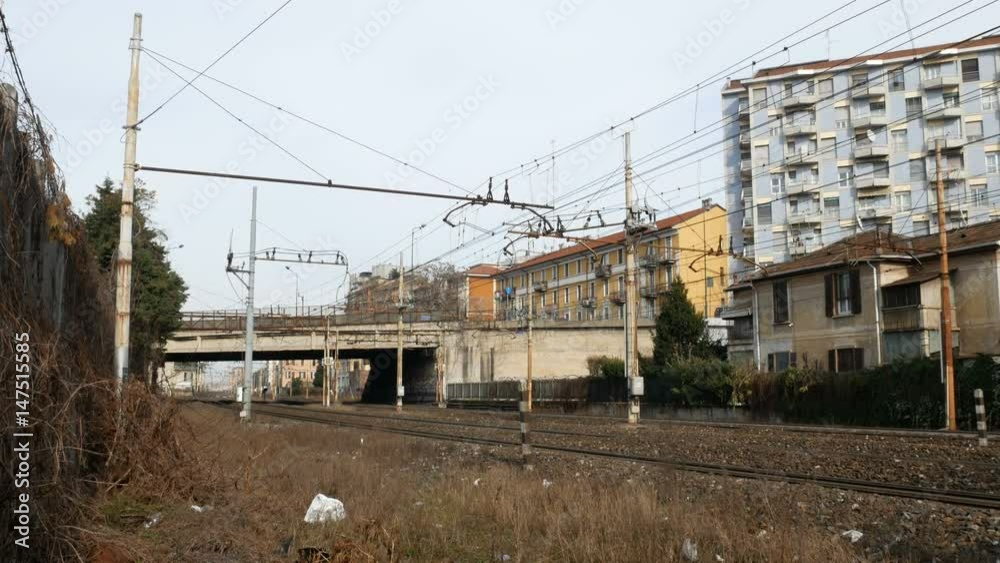 Train tracks in suburban area in Sesto San Giovanni, close to Milan, Italy.