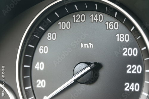 Car instrument panel, dashboard closeup with visible speedometer