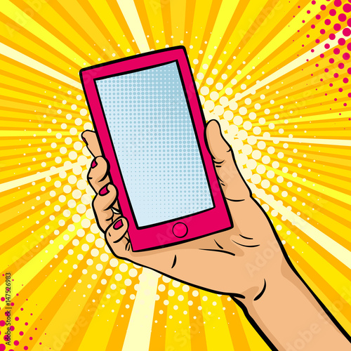 Pop art background with female hand holding a smartphone with empty screen for your offer . Vector colorful hand drawn illustration in retro comic style.