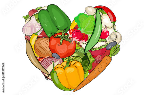 vegetables are laid out in the shape of a heart. Onion, garlic, carrot, pepper, mushrooms, tomato, beet, and other.  white background cut vegetables. vector illustration of high quality.