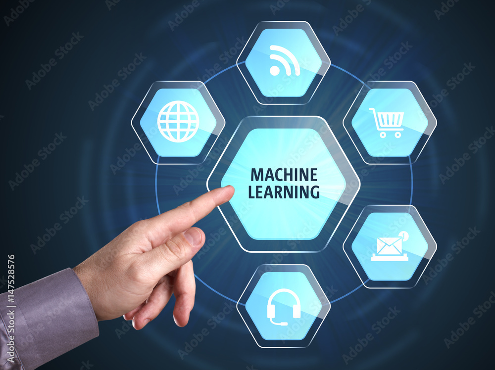 Business, Technology, Internet and network concept. Young businessman shows the word: Machine learning Business, Technology, Internet and network concept. Young businessman shows the word: Machine learning