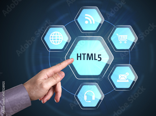 Business, Technology, Internet and network concept. Young businessman shows the word: HTML5