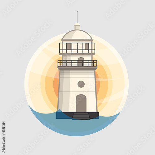 Lighthouse icon design. White lighthouse in background of the su photo