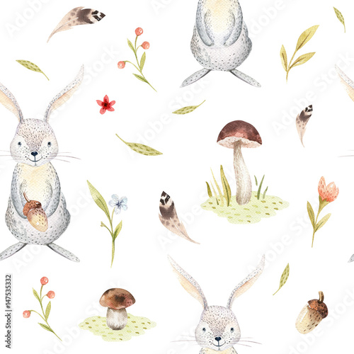 Cute baby rabbit animal seamless pattern for kindergarten, nursery isolated illustration for children clothing. Watercolor Hand drawn boho image Perfect for phone cases design, nursery poster.