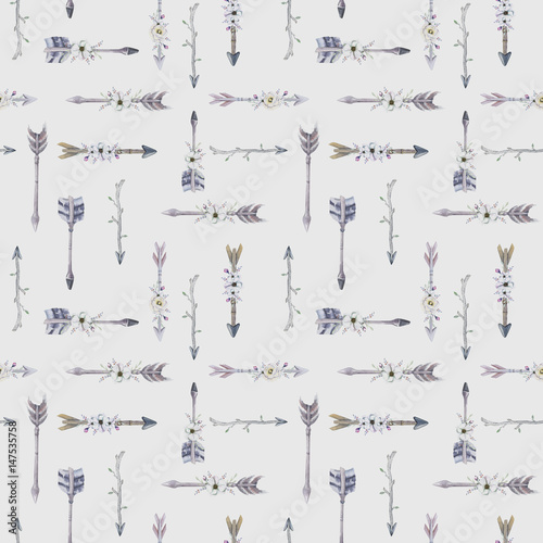 Watercolor boho seamless pattern with teepee, arrows and feathers. Decoration native tribal print.Bohemian Aztec tomahawk ethnic design. watercolour art wallpaper. Isolated on white.