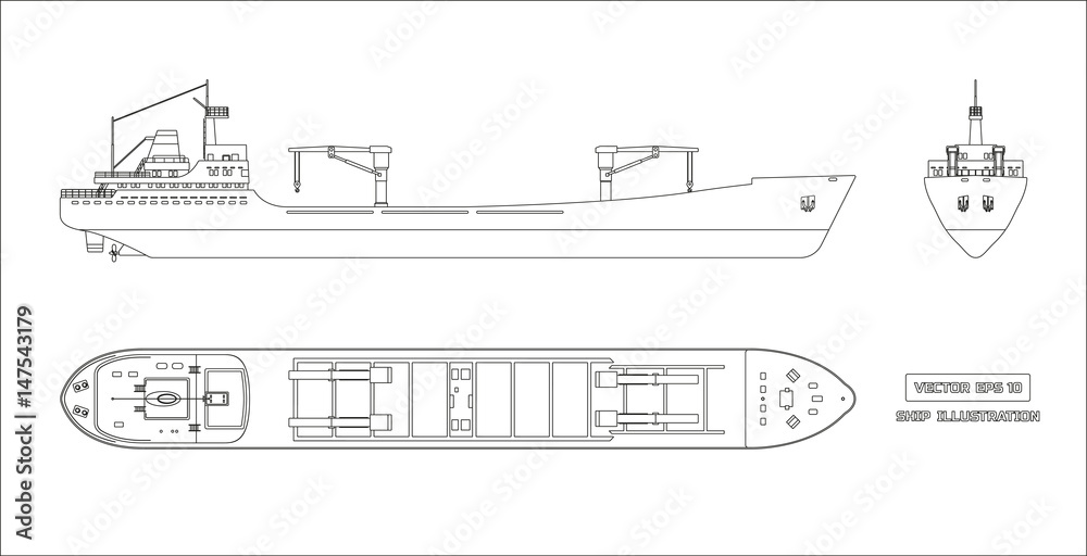 Outline drawing of cargo ship on a white background. Top, side and front view. Container transport