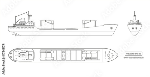 Outline drawing of cargo ship on a white background. Top, side and front view. Container transport