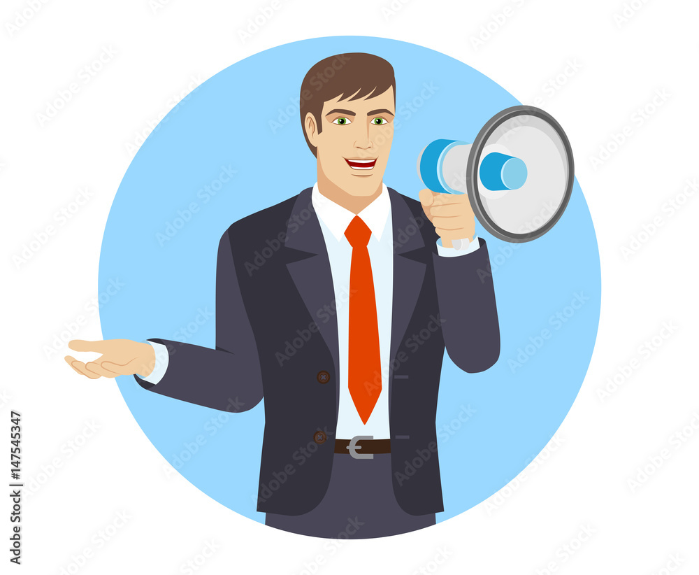 Businessman with loudspeaker gesturing Businessman with loudspeaker gesturing
