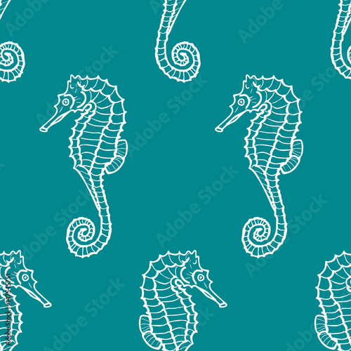 vector seamless pattern or seahorse contour. Hippocampus background