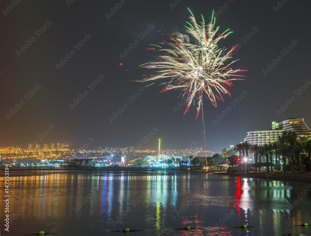 Independence day in Israel. Festive fireworks in Eilat - number one tourist resort in Israel