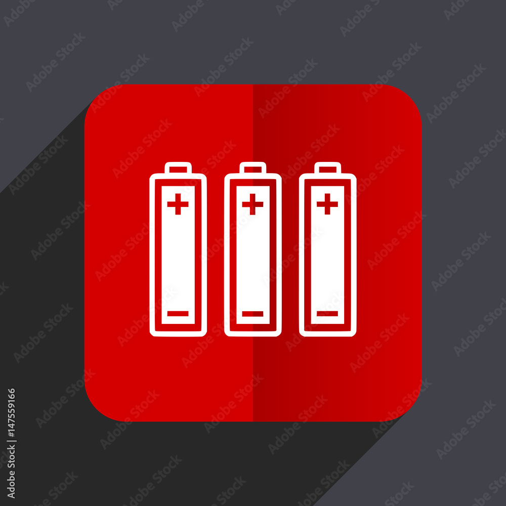 Battery flat design white and red vector web icon on gray background with shadow in eps10. Battery flat design white and red vector web icon on gray background with shadow in eps10.