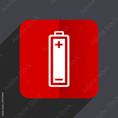 Battery flat design white and red vector web icon on gray background with shadow in eps10.