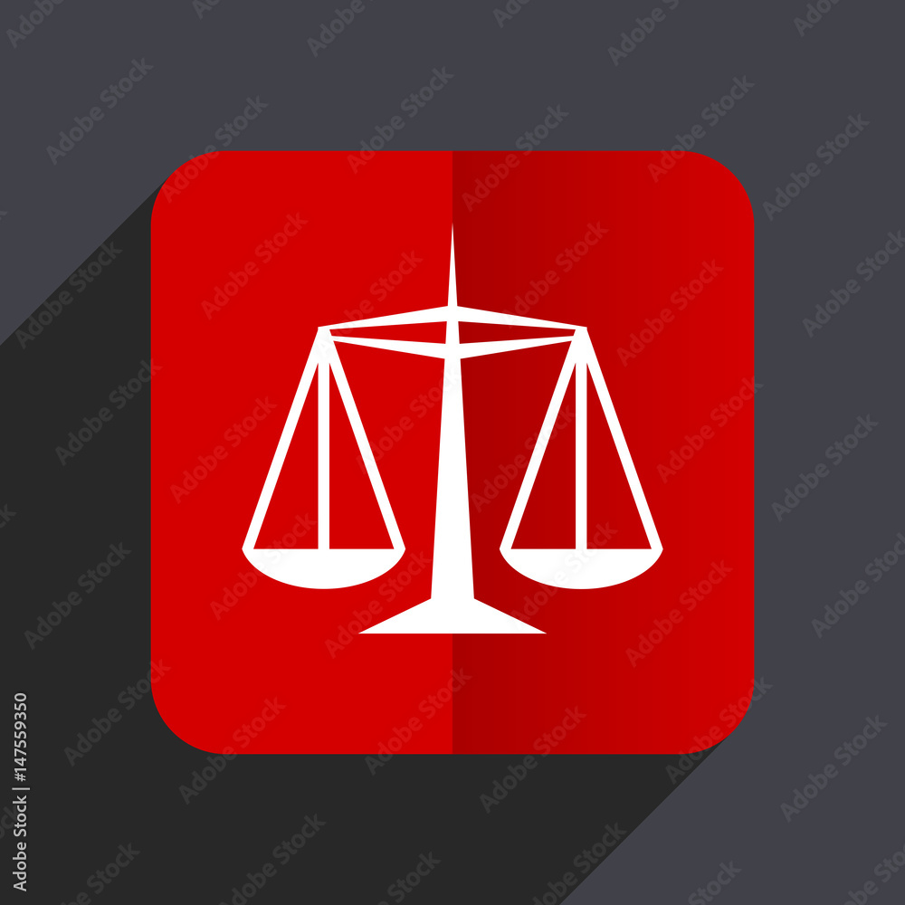 Justice flat design white and red vector web icon on gray background with shadow in eps10. Justice flat design white and red vector web icon on gray background with shadow in eps10.