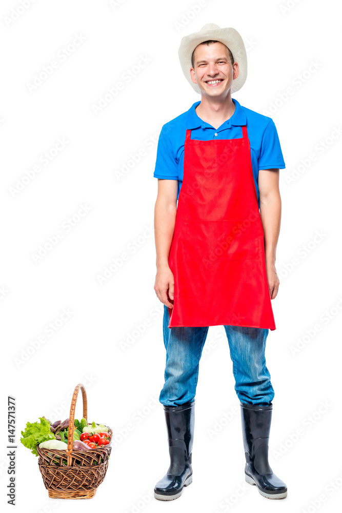 Man in apron farmer with basket of vegetables on white background Man in apron farmer with basket of vegetables on white background