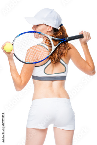 View from behind tennis player with racket on white background © kosmos111