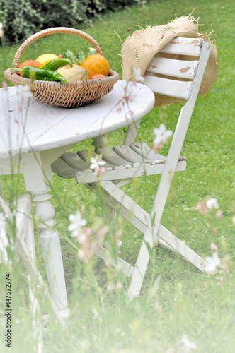 panier de légumes sur table dans jardin champêtre