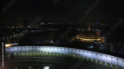 Aerial view of Illuminated Memorial complex to the Great Patriotic War and Temple of St. George at Poklonnaya Hill in Moscow HD
