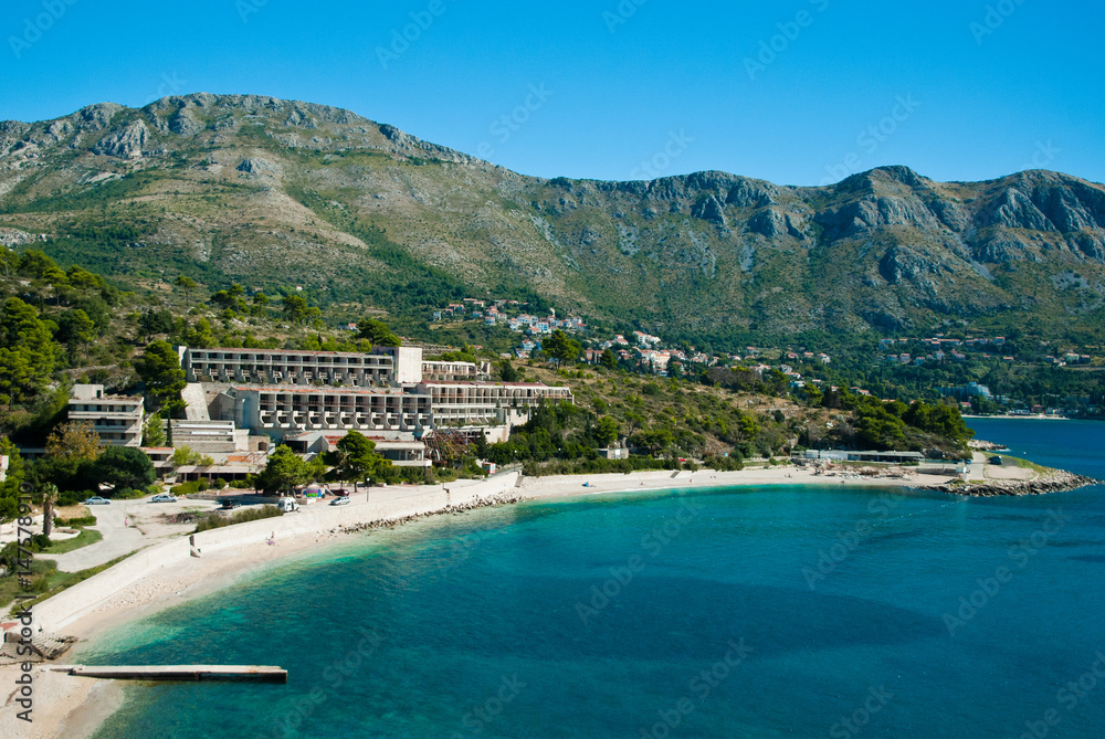 Abandoned dirty demolished building, one of hotels in Kupari complex near Dubrovnik city