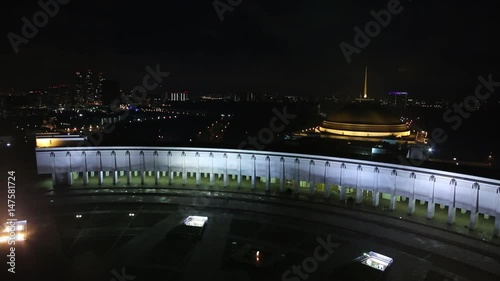 Aerial view of Illuminated Memorial complex to the Great Patriotic War and Temple of St. George at Poklonnaya Hill in Moscow HD