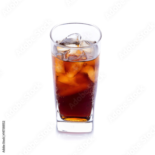 Cold Cola with ice in a sweaty glass on white background