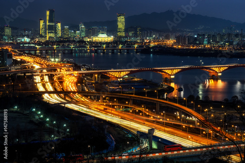 Night traffic over han river in seoul