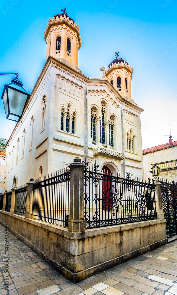 Serbian orthodox church. / Vertical view at old orthodox church in old town Dubrovnik, Croatia, religious monument.