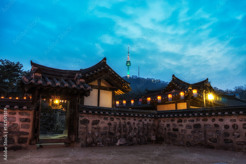 Fototapeta premium Namsangol hanok village with lanterns