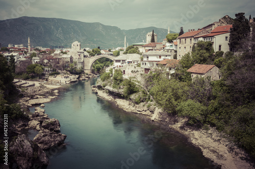 Panorama of The Old Bridge in Mostar in a beautiful summer day  Bosnia and Herzegovina