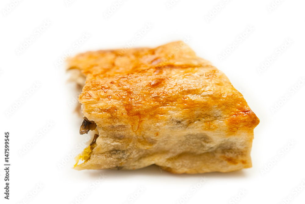 Bitten pie with meat on isolated background