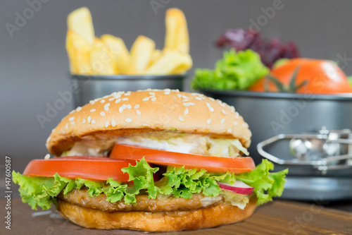 Close up of home made hamburger with fresh vegetable and chips.