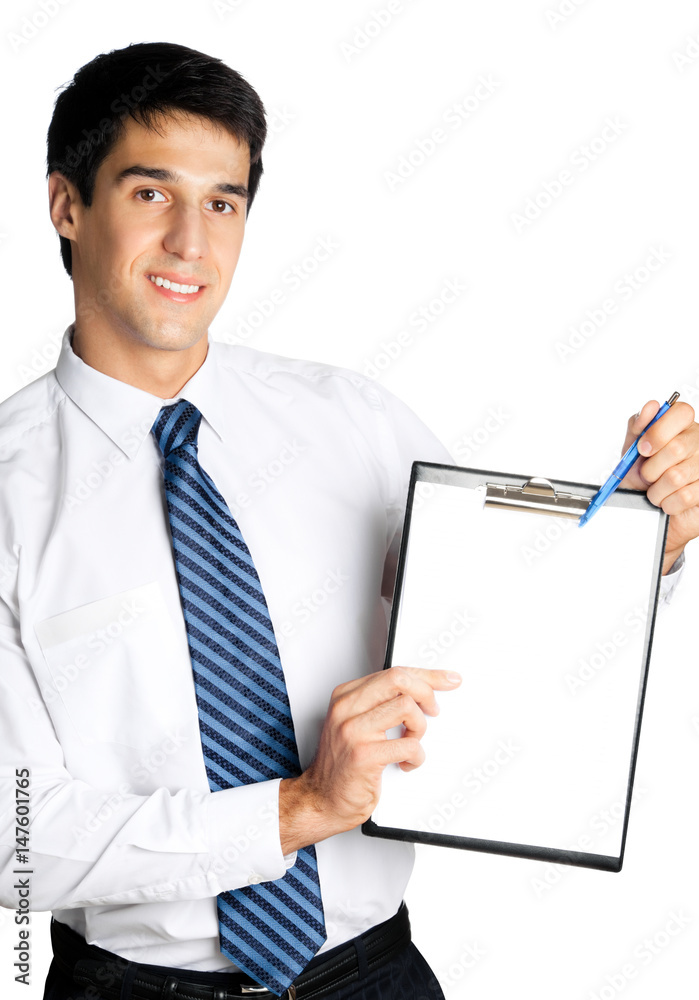 young businessman showing blank clipboard, isolated young businessman showing blank clipboard, isolated