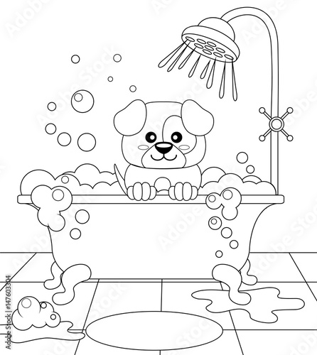 
Cute puppy taking bath. Dog grooming. Black and white vector illustration for coloring book