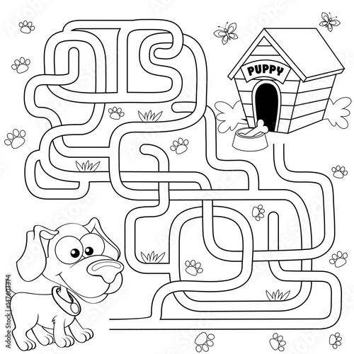 Help puppy find path to his house. Labyrinth. Maze game for kids. Black and white vector illustration for coloring book