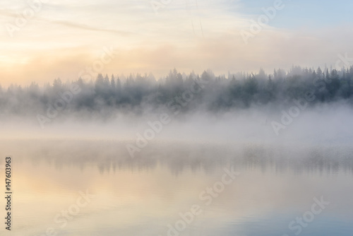 lake sunrise fog reflection forest
