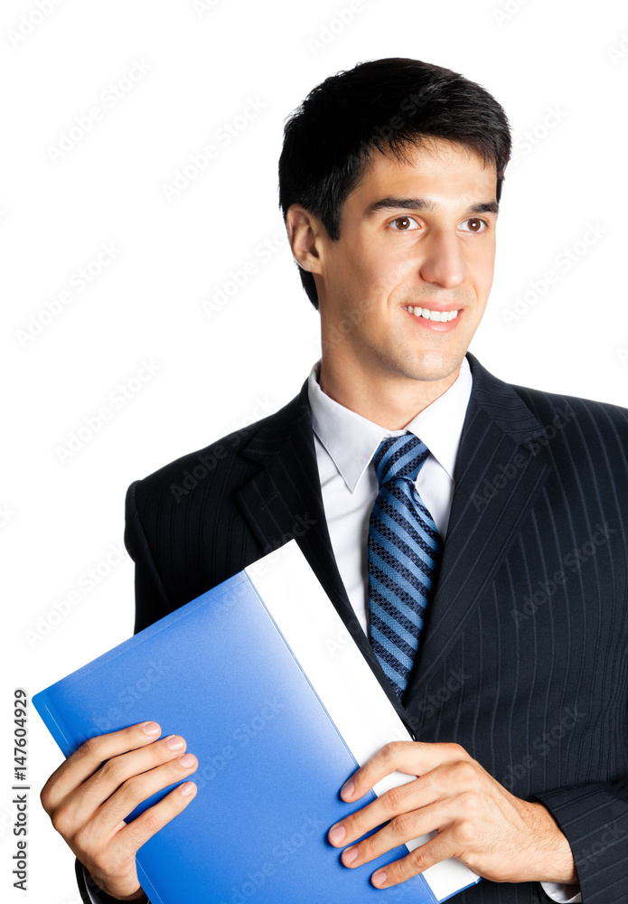 young businessman with blue folder, isolated