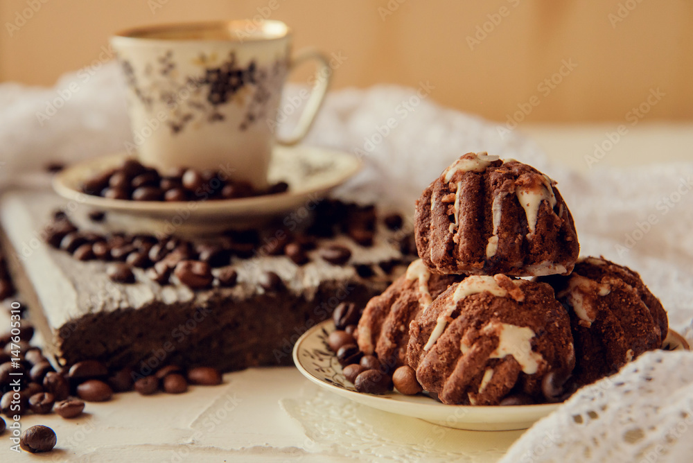 Breakfast with cup of coffee and chocolate cake Breakfast with cup of coffee and chocolate cake