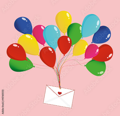 Air multicolored balloons lift up an envelope or letter with hearts