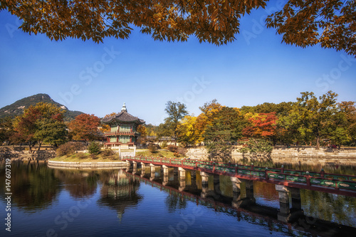 hyangwonjeong pavilion taken during autumn season. during fall foliage. In Gyeongbokgung palace in seoul, south korea