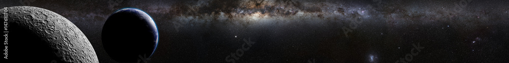 Moon in front of Earth, Sun and the Milky Way galaxy