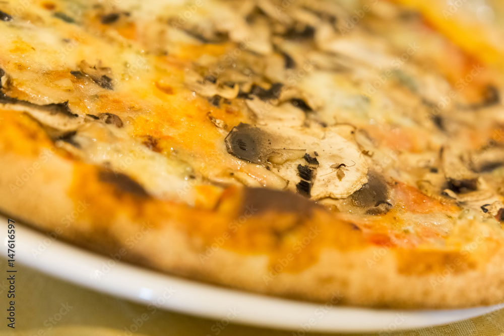 Fresh baked italian pizza with fungi and Gorgonzola cheese Fresh baked italian pizza with fungi and Gorgonzola cheese