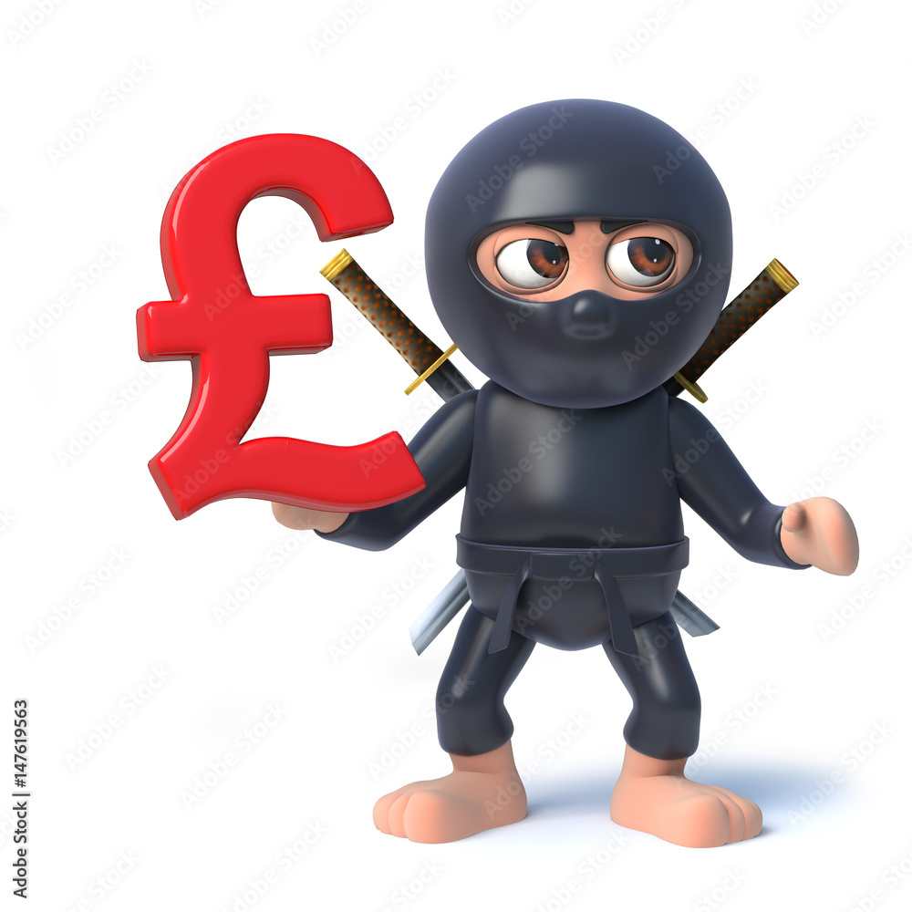 3d Funny cartoon ninja assassin character holds UK Pounds sterling symbol, 3d Funny cartoon ninja assassin character holds UK Pounds sterling symbol,