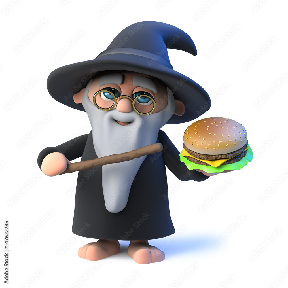 Obraz premium 3d Funny cartoon wizard magician character holding a beef burger