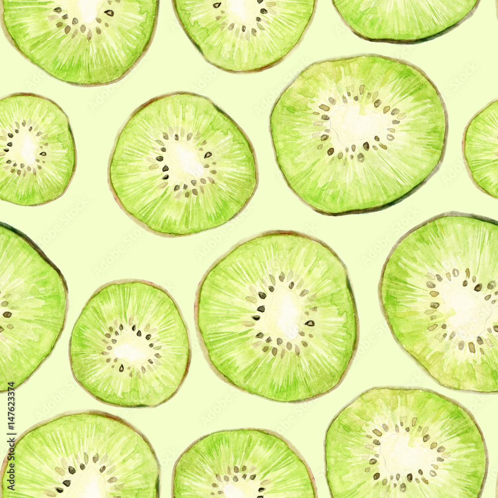 Fototapeta premium Watercolor seamless pattern with kiwi slices. Repeating green fruit background
