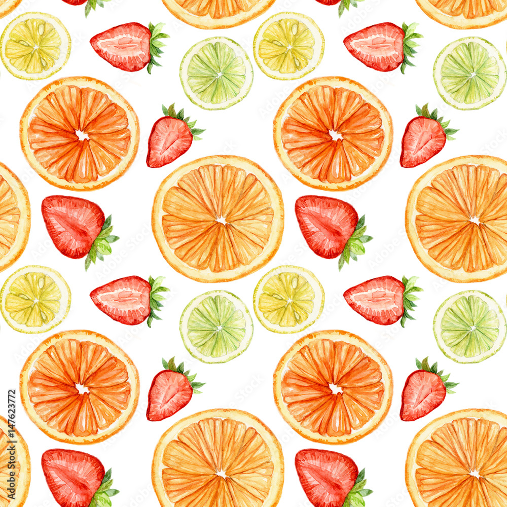 Watercolor seamless pattern with fruits and berries: strawberry, orange, lime, lemon isolated on white