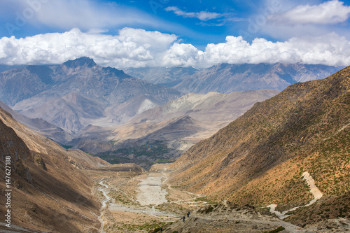 The way down from Thorong La pass. Beautiful mountain landscape in lower Mustang District, Nepal.