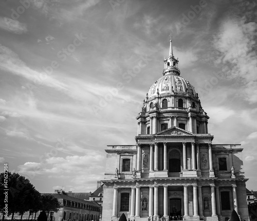 Les Invalides chapel in Paris. Famous landmark, known also for Napoleon's tomb. Black and white.