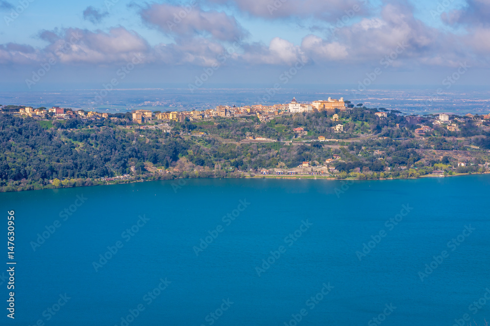 Castel Gandolfo town above the Albano Lake, outside Rome, Italy, with Papal summer residence visible