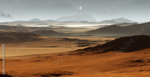 Fototapeta Naklejka Na Ścianę i Meble -  Sunset on Mars. Martian landscape with sand dunes. 3D illustration