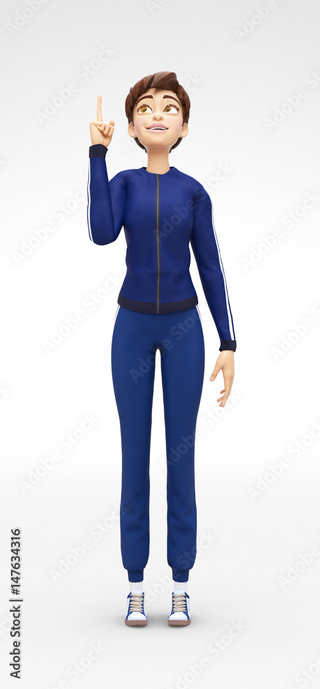 Fototapeta premium Smiling, Curious and Delighted Jenny - 3D Cartoon Female Character Sports Model - Intrigued By Awesome Brilliant Idea, in Athletic Gym Sweat Suit, Isolated on White Spotlight Background