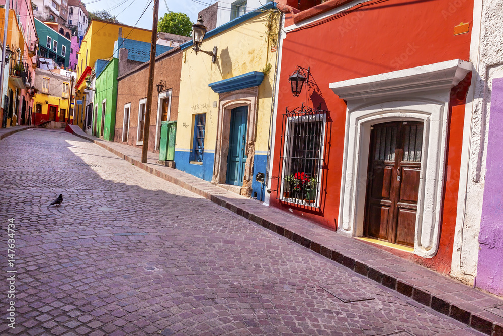 Red Pink Colorful Houses Narrow Street Guanajuato Mexico